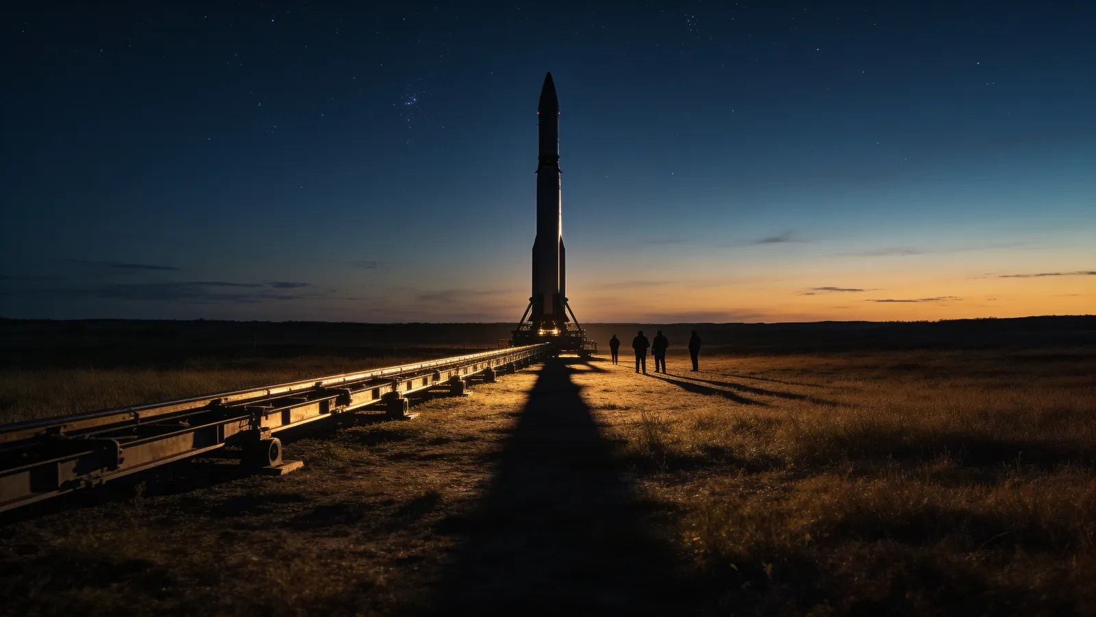 Sounding rocket on a launch rail at dusk